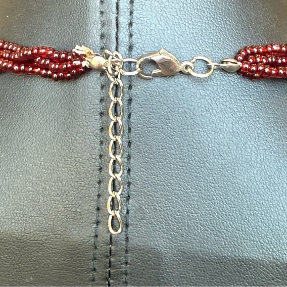 Multi Strand Red Seed Bead Necklace & Dichroic Art Glass Pendant - adjustable - Picture 5 of 7